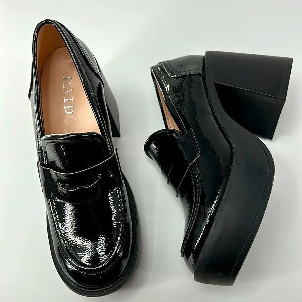 RAID Presha Platform Block Heel Loafers In Black Patent Baby Doll